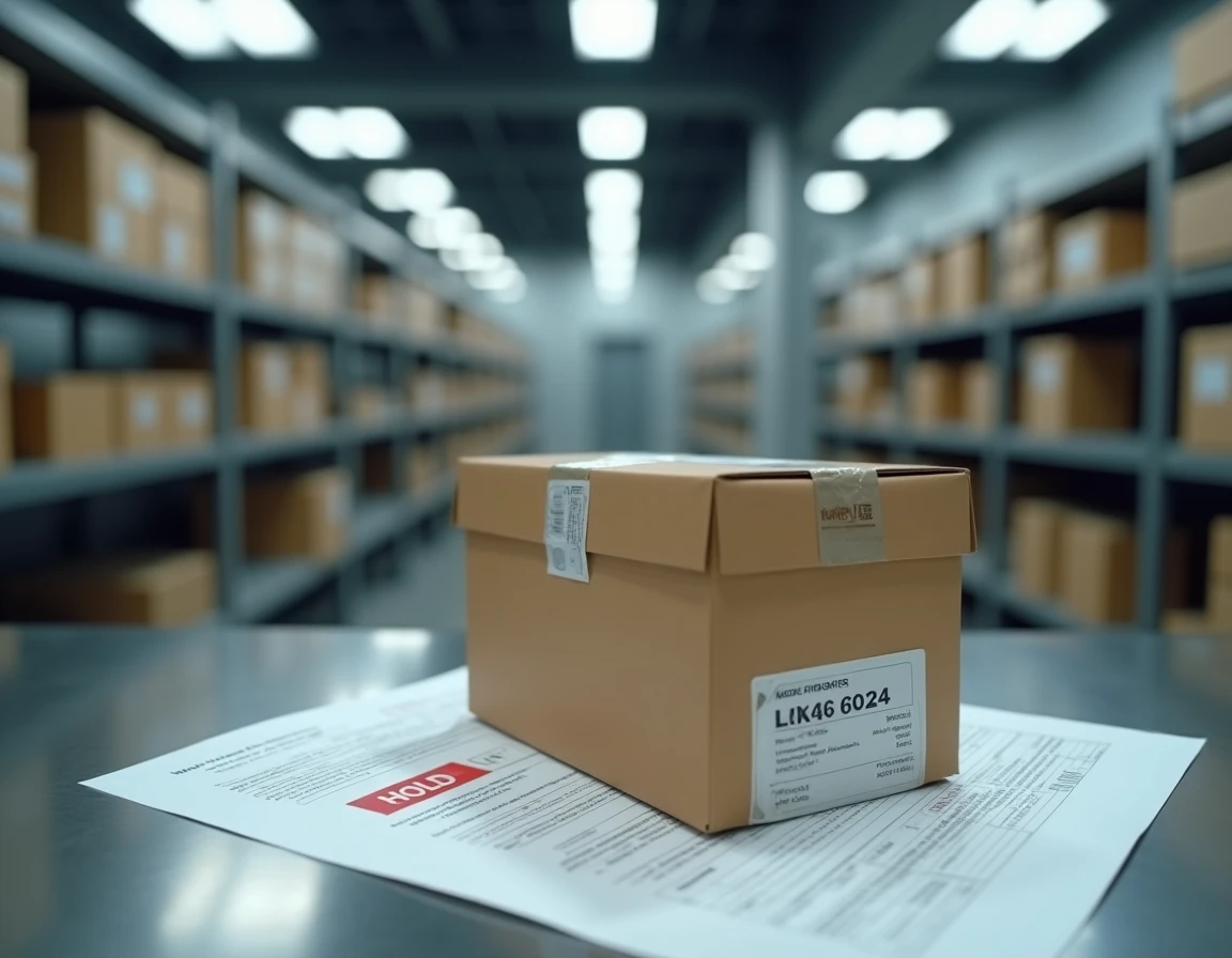 Colis DHL retenu sur une table d'inspection douanière avec formulaire de déclaration et étiquette de blocage