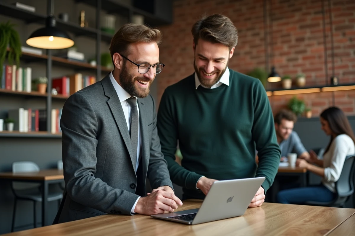 Deux professionnels discutant d'une stratégie de contenu B2B sur une tablette dans un espace de co-working