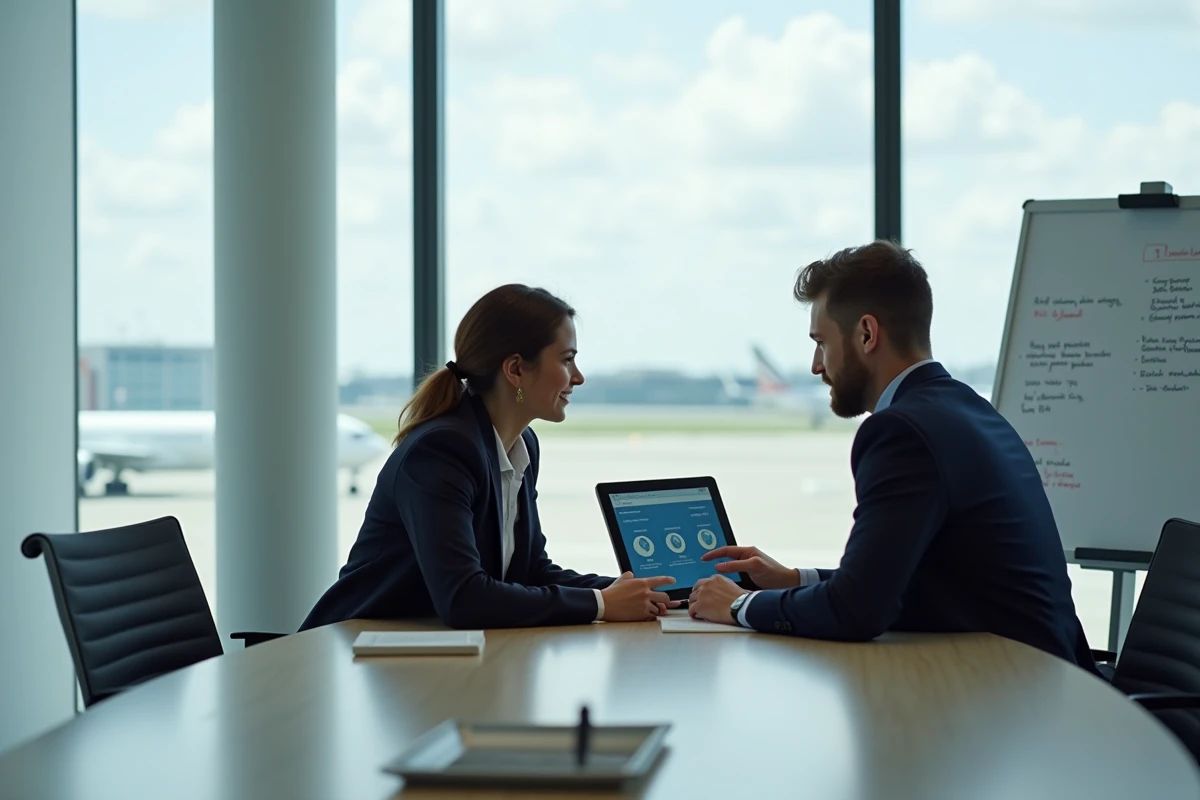 Deux collègues Air France discutant des outils intranet GPnet et IPN lors d'une réunion en salle de conférence