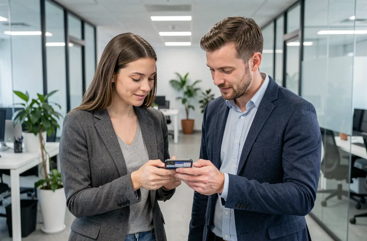 Deux collègues consultant ensemble un planning partagé sur l'application mobile Agendis 62 dans un bureau moderne