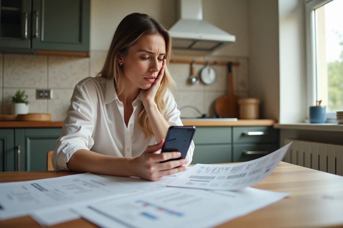 Femme comparant des devis de travaux de rénovation à domicile avec des documents et un smartphone