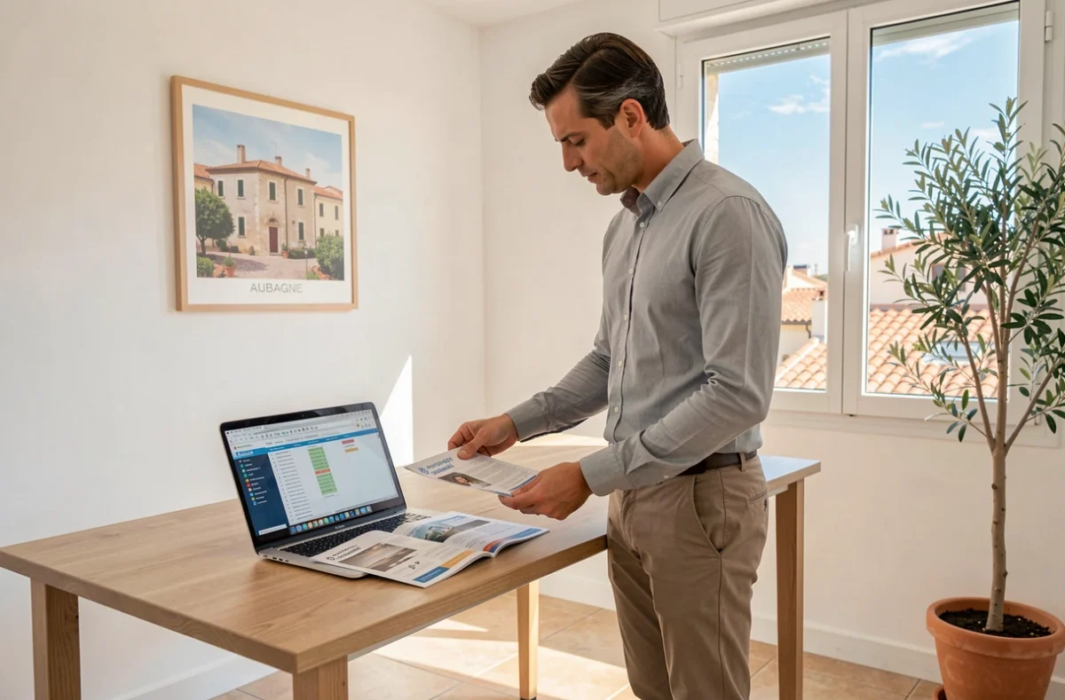 Freelance comparant des sociétés de portage salarial depuis son bureau à domicile près d'Aubagne