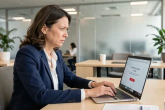 Femme en blazer marine bloquée sur son compte RH en ligne au bureau, écran affichant une erreur de connexion