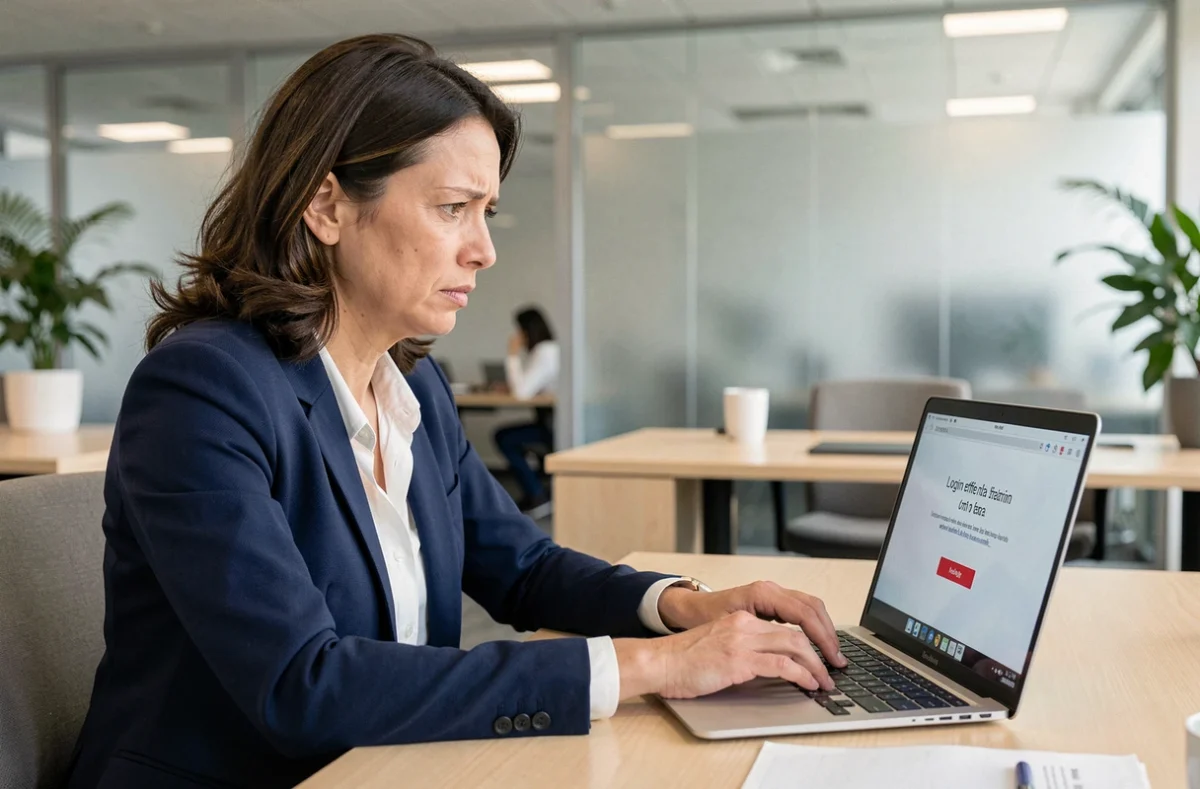 Femme en blazer marine bloquée sur son compte RH en ligne au bureau, écran affichant une erreur de connexion