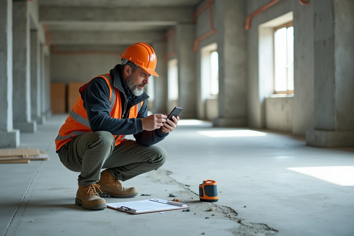 Conducteur de travaux BTP effectuant un contrôle qualité sur chantier avec smartphone et fiche de suivi pour garantir la conformité des ouvrages