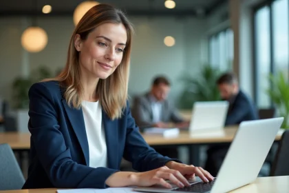 Femme professionnelle se connectant à un portail RH La Poste sur un ordinateur portable dans un bureau moderne