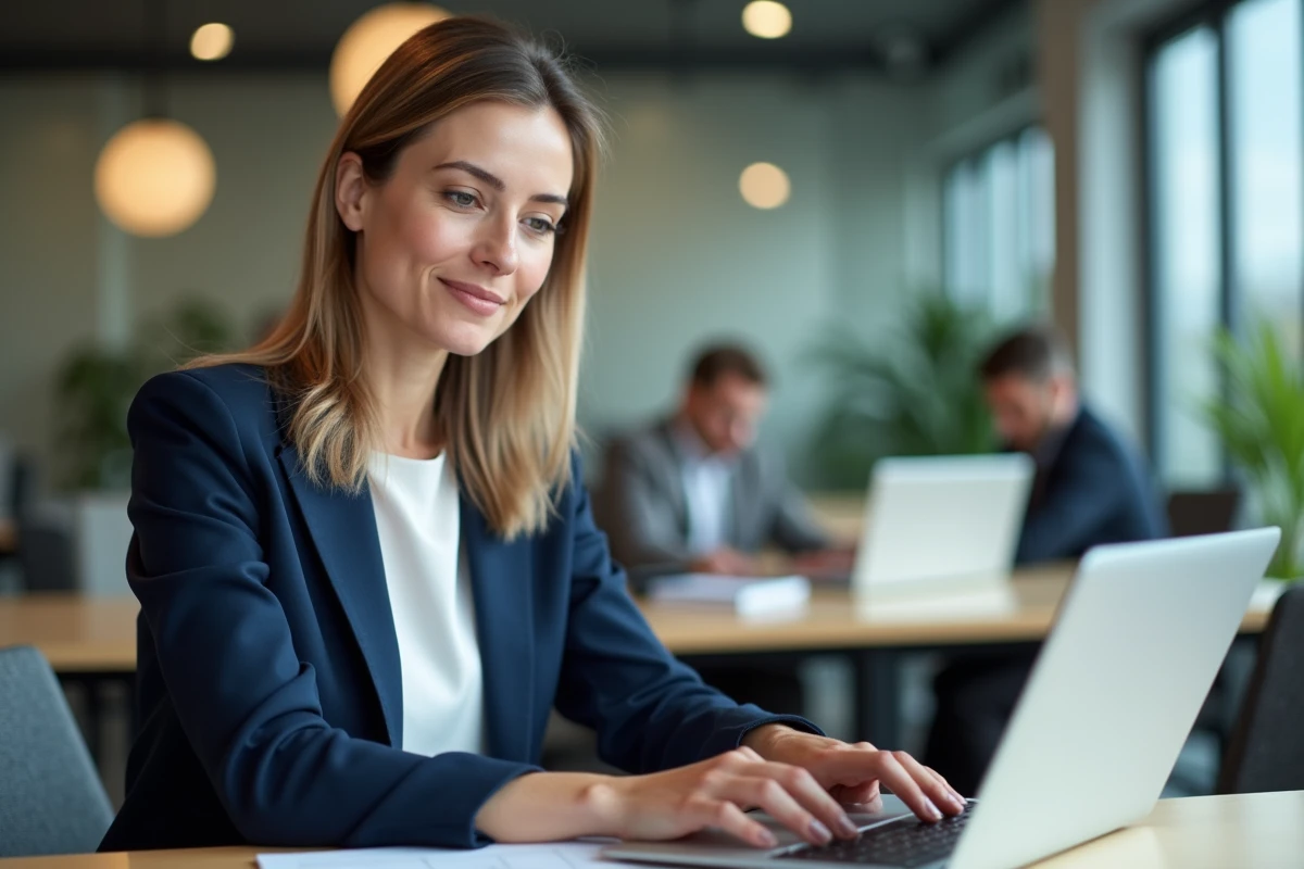 Femme professionnelle se connectant à un portail RH La Poste sur un ordinateur portable dans un bureau moderne