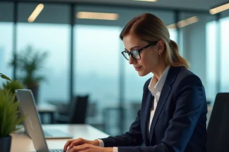 Femme professionnelle connectée à un portail sécurisé sur ordinateur portable dans un bureau moderne