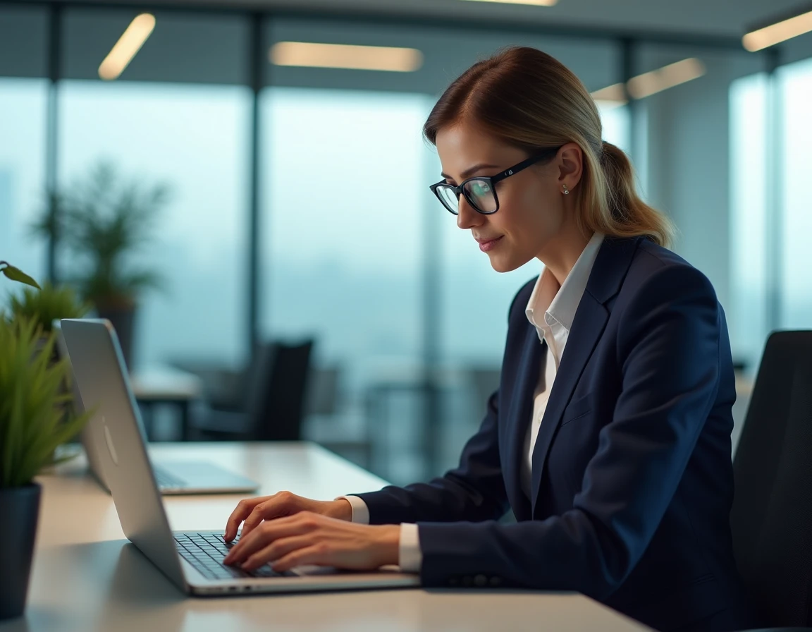 Femme professionnelle connectée à un portail sécurisé sur ordinateur portable dans un bureau moderne