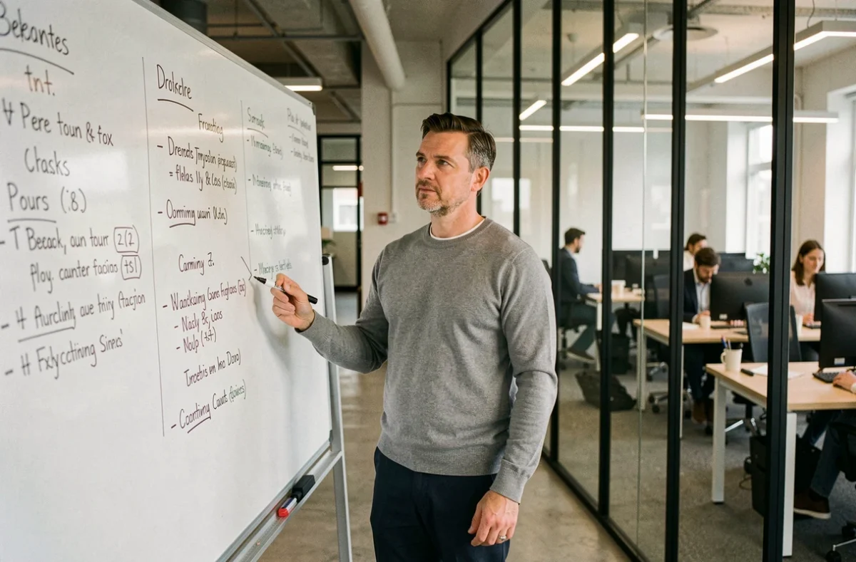 Consultant indépendant en portage salarial planifiant une mission sur un tableau blanc à Tours