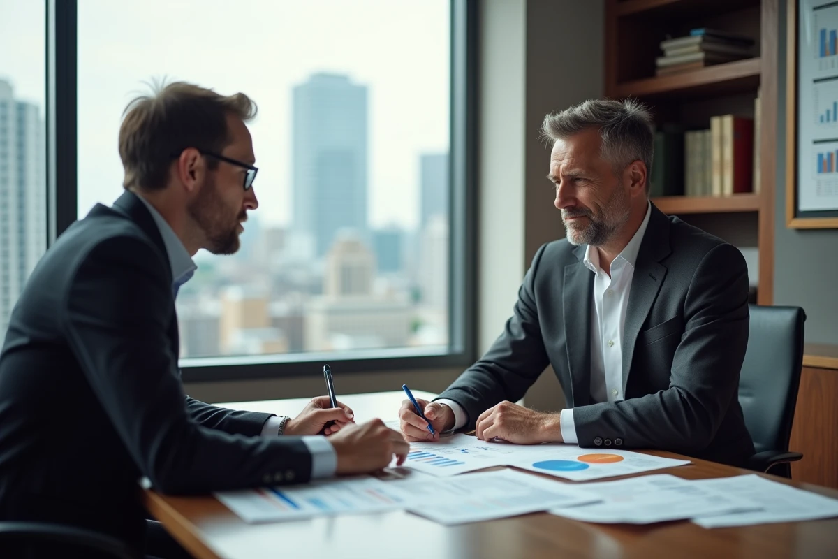 Consultant en transformation pragmatique conseillant un dirigeant d'ETI dans un bureau exécutif moderne