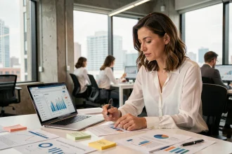 Consultante en agence marketing digitale analysant des rapports de performance et des résultats de campagnes sur son bureau