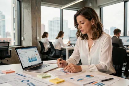 Consultante en agence marketing digitale analysant des rapports de performance et des résultats de campagnes sur son bureau