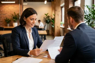 Consultante en portage salarial à Dijon examinant un contrat avec une cliente dans un espace de coworking moderne