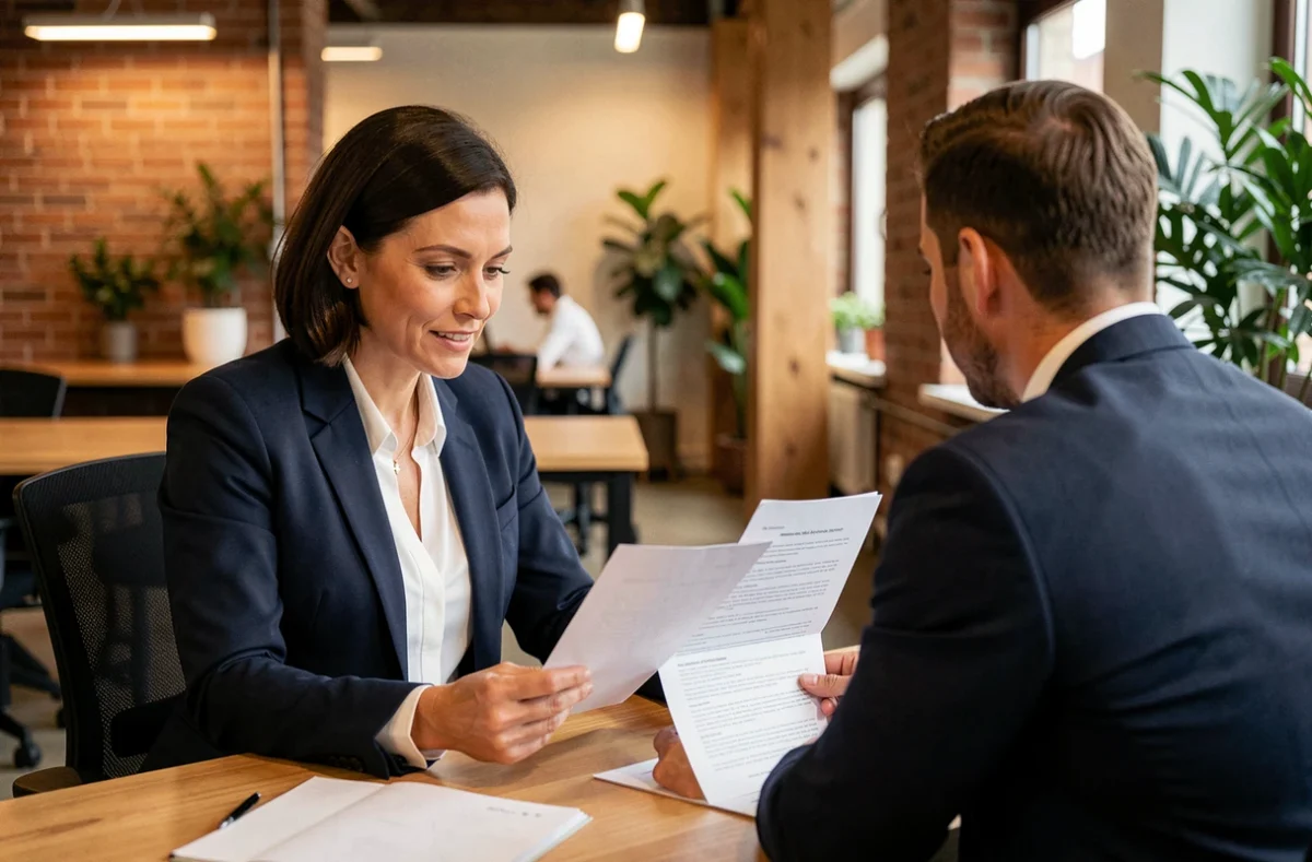 Consultante en portage salarial à Dijon examinant un contrat avec une cliente dans un espace de coworking moderne