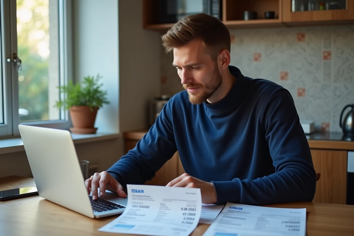 Homme consultant son espace ESALIA sur ordinateur pour vérifier ses versements d'intéressement à domicile