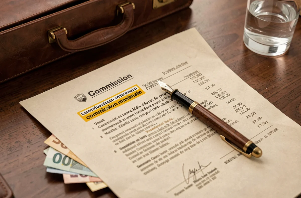 Gros plan sur un contrat de commission avec montant maximum surligné, stylo plume et billets en euros sur un bureau en bois