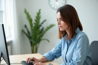 Femme créant son compte MyPeopleDoc sur un ordinateur dans un bureau à domicile