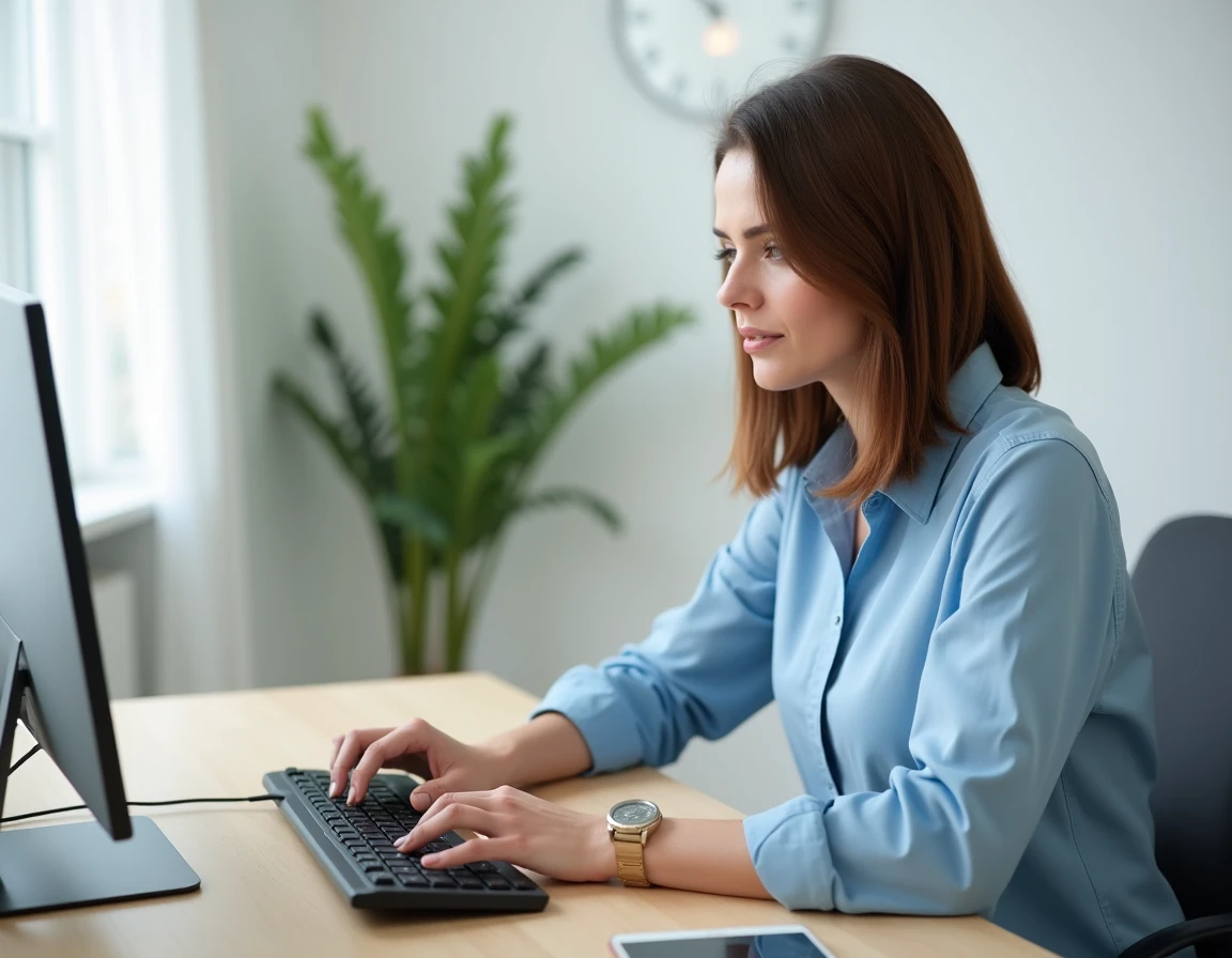 Femme créant son compte MyPeopleDoc sur un ordinateur dans un bureau à domicile