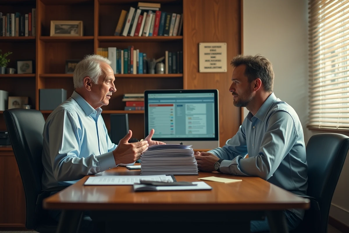 Entretien entre manager expérimenté et jeune employé dans un bureau encombré, symbolisant la culture d'entreprise et l'incompétence hiérarchique
