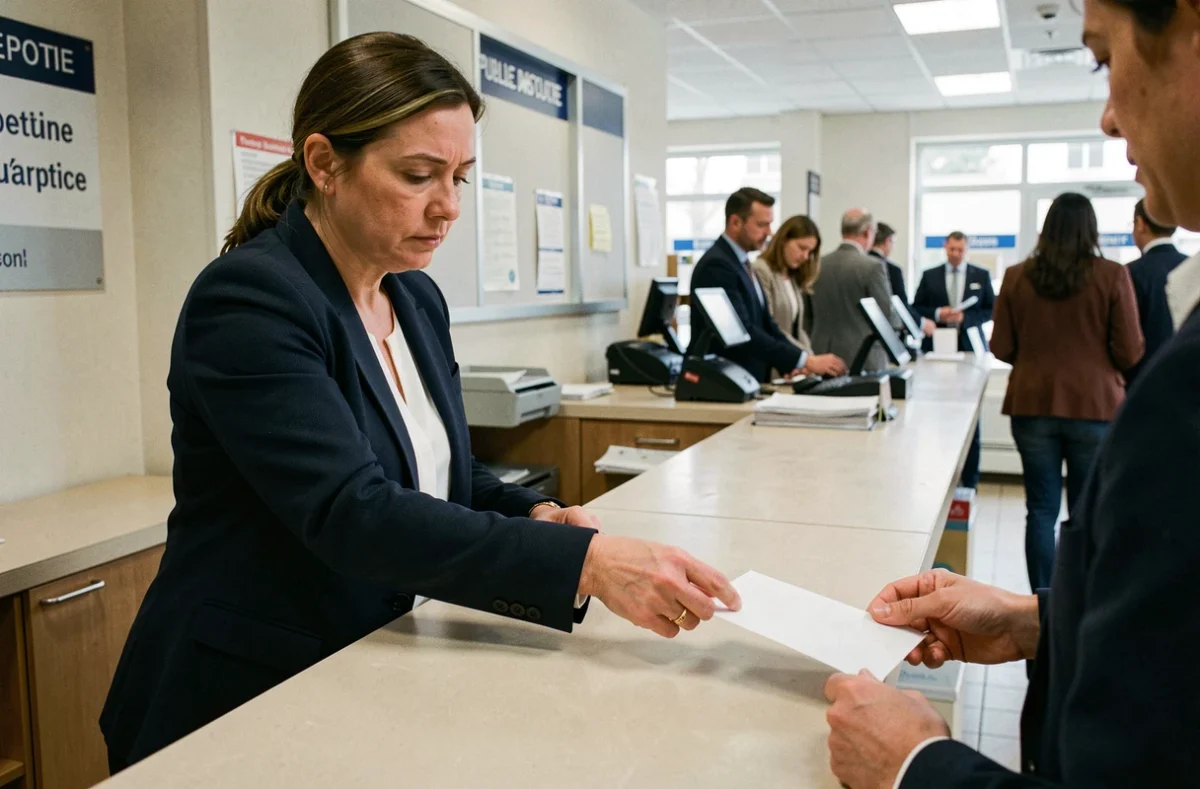 Femme déposant une lettre anonyme à La Poste pour signalement de travail non déclaré
