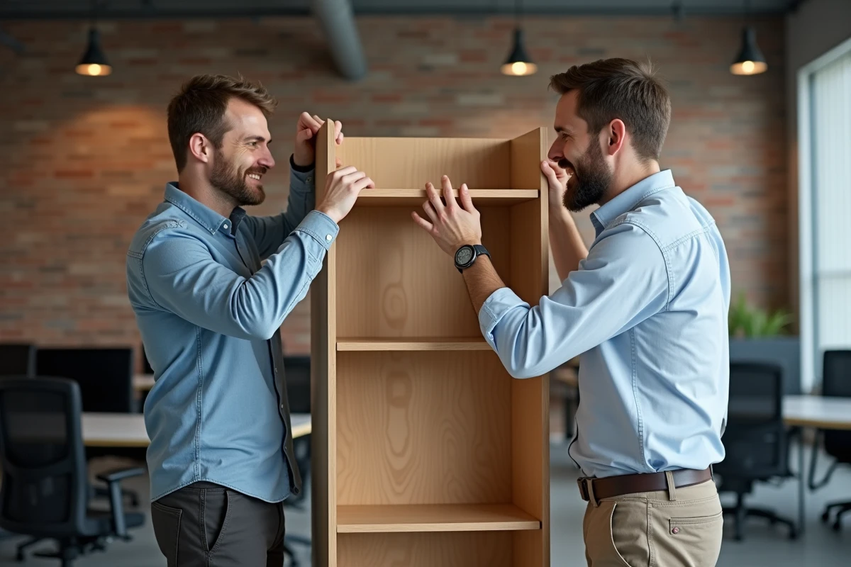 Deux collègues installant une étagère comme séparateur de bureau