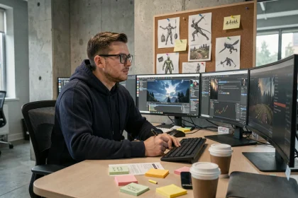 Développeur de jeux vidéo concentré devant plusieurs écrans dans un studio de développement moderne, évoquant l'univers de 343 Industries