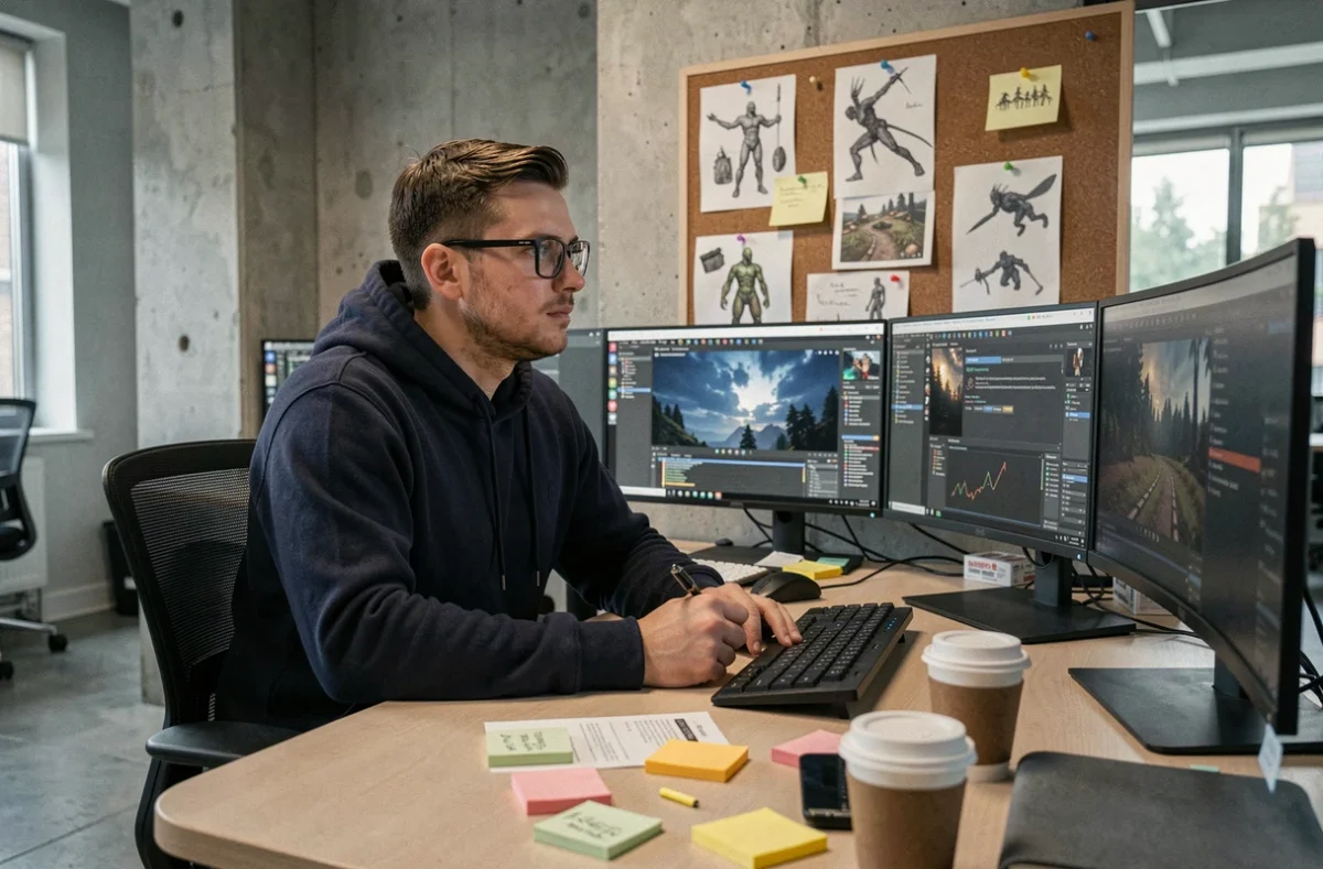 Développeur de jeux vidéo concentré devant plusieurs écrans dans un studio de développement moderne, évoquant l'univers de 343 Industries