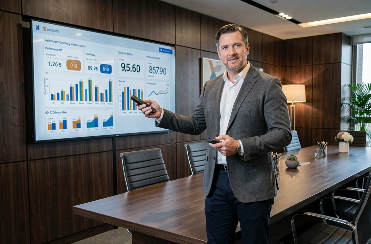 Directeur d'agence GEO présentant les résultats et indicateurs de performance de campagnes digitales devant un écran de données