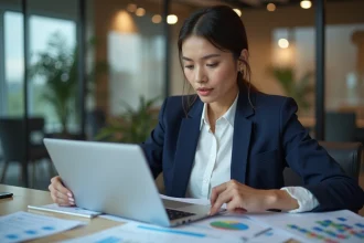 Directrice marketing analysant des rapports de performance médias sur tablette et documents imprimés en salle de réunion
