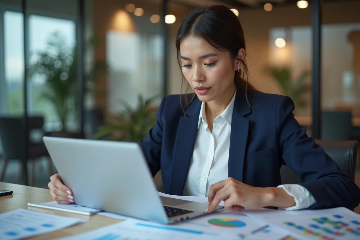 Directrice marketing analysant des rapports de performance médias sur tablette et documents imprimés en salle de réunion