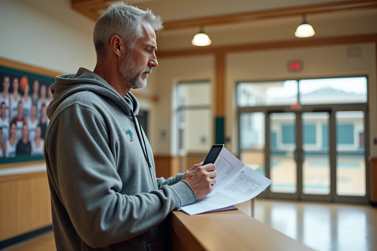 Dirigeant de club FFBB vérifiant des documents administratifs liés à l'extranet FBI V2 dans un hall de gymnase