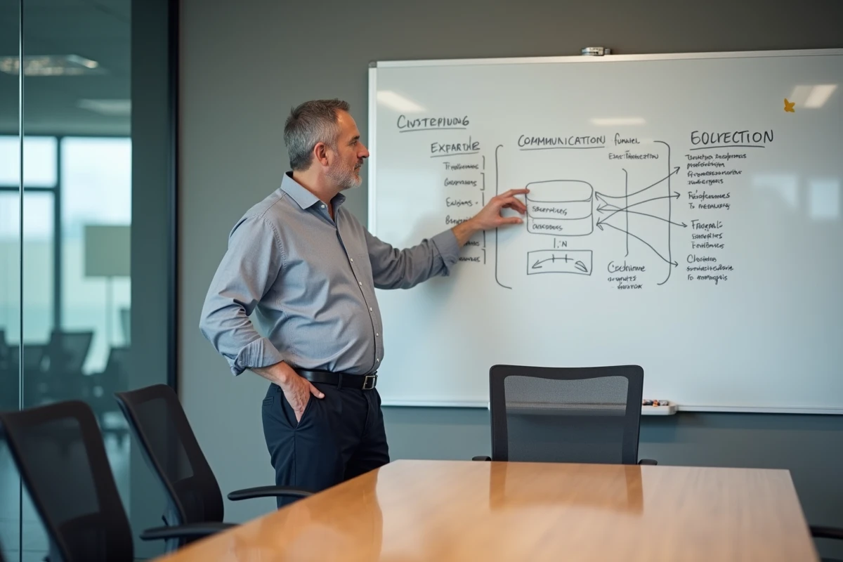 Dirigeant présentant un plan de communication B2B sur un tableau blanc lors d'une réunion stratégique en entreprise