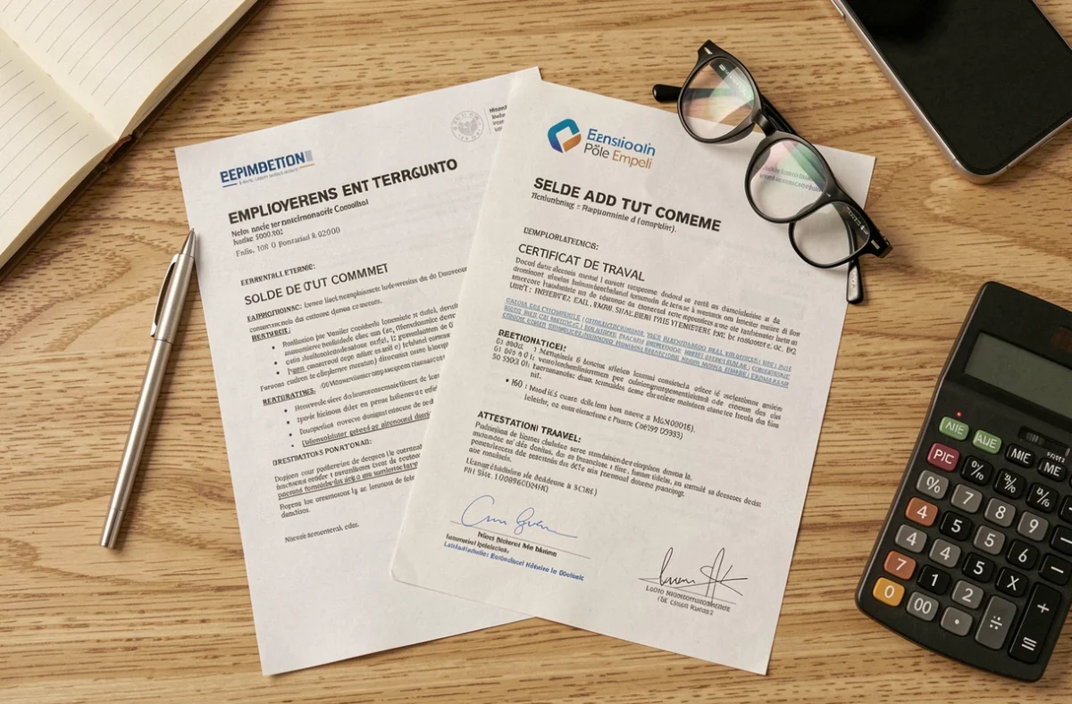 Vue aérienne des documents de fin de contrat incluant le solde de tout compte, certificat de travail et attestation France Travail
