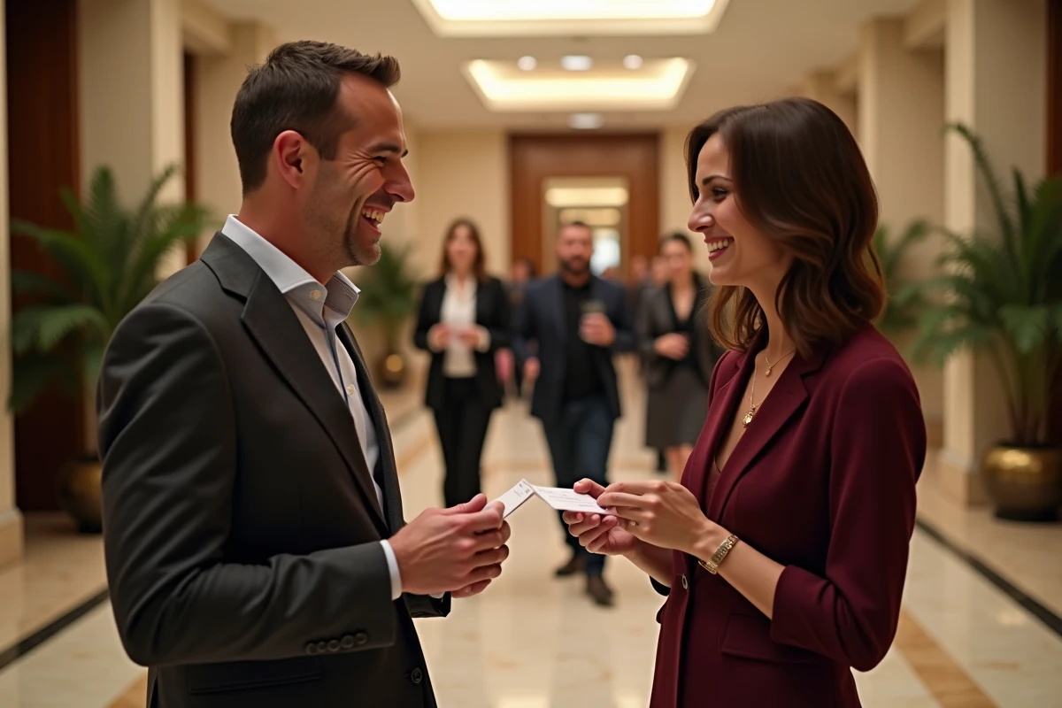 Deux professionnels échangeant des cartes de visite lors d'un événement de networking B2B dans un foyer d'hôtel haut de gamme