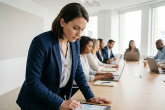 Femme en formation signant électroniquement une feuille de présence sur une tablette dans une salle de conférence moderne