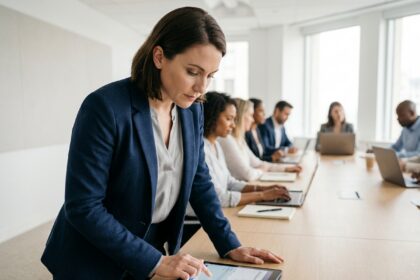 Femme en formation signant électroniquement une feuille de présence sur une tablette dans une salle de conférence moderne