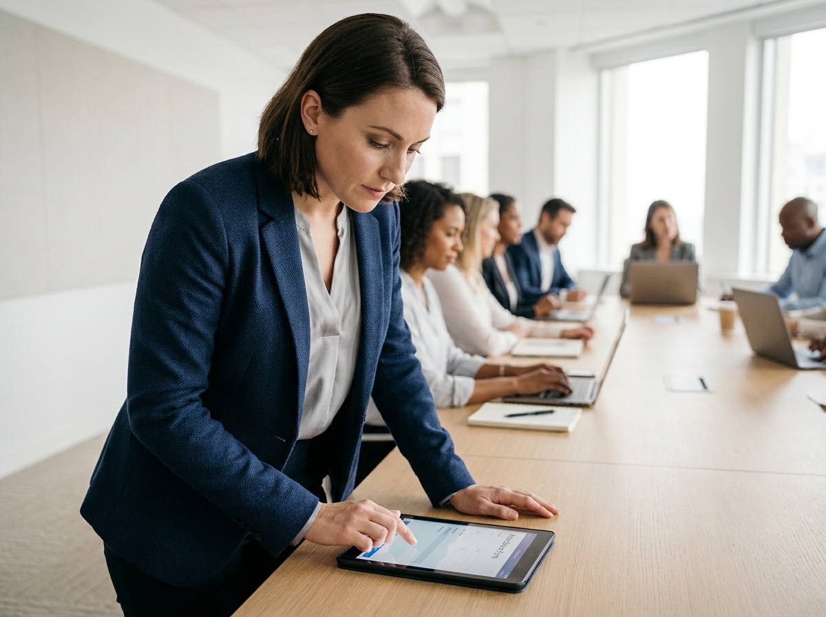 Femme en formation signant électroniquement une feuille de présence sur une tablette dans une salle de conférence moderne