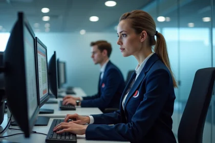 Employée Air France consultant le portail intranet IPN sur un poste de travail de bureau moderne