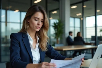 Employée en entreprise consultant les avantages salariaux sur son ordinateur portable et des documents imprimés dans un bureau moderne
