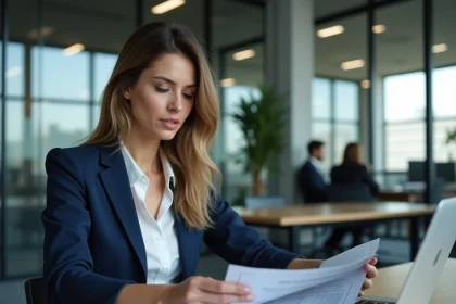 Employée en entreprise consultant les avantages salariaux sur son ordinateur portable et des documents imprimés dans un bureau moderne