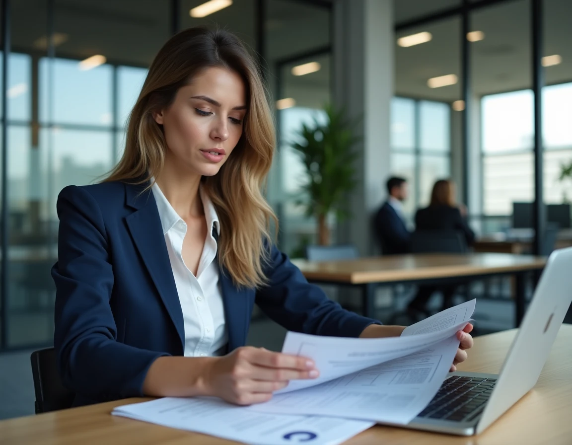 Employée en entreprise consultant les avantages salariaux sur son ordinateur portable et des documents imprimés dans un bureau moderne