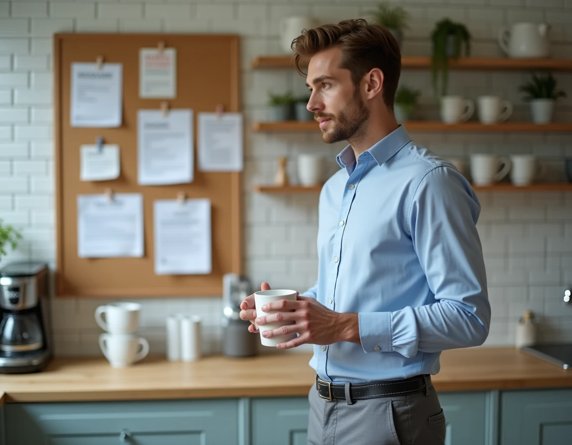 Employé lisant un tableau d'affichage des avantages du comité d'entreprise dans une cuisine de bureau pendant une pause