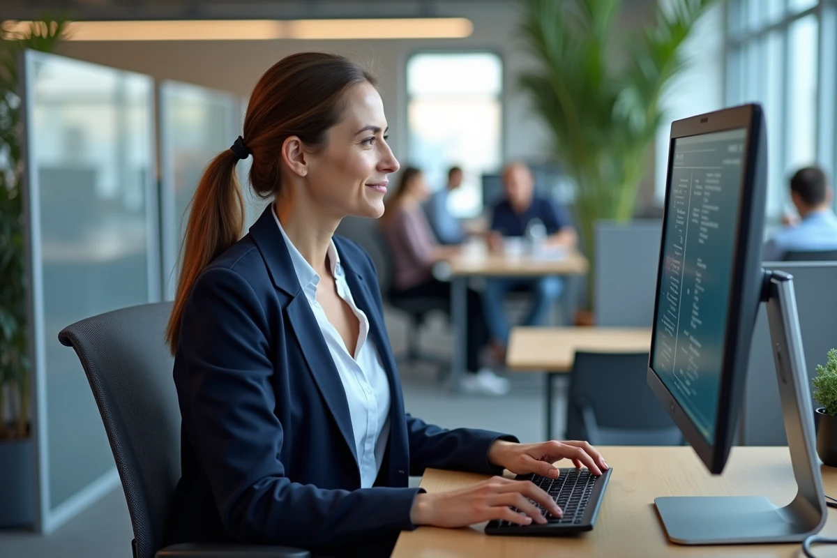 Employée de bureau naviguant sur l'intranet régional depuis son poste de travail dans un open space moderne