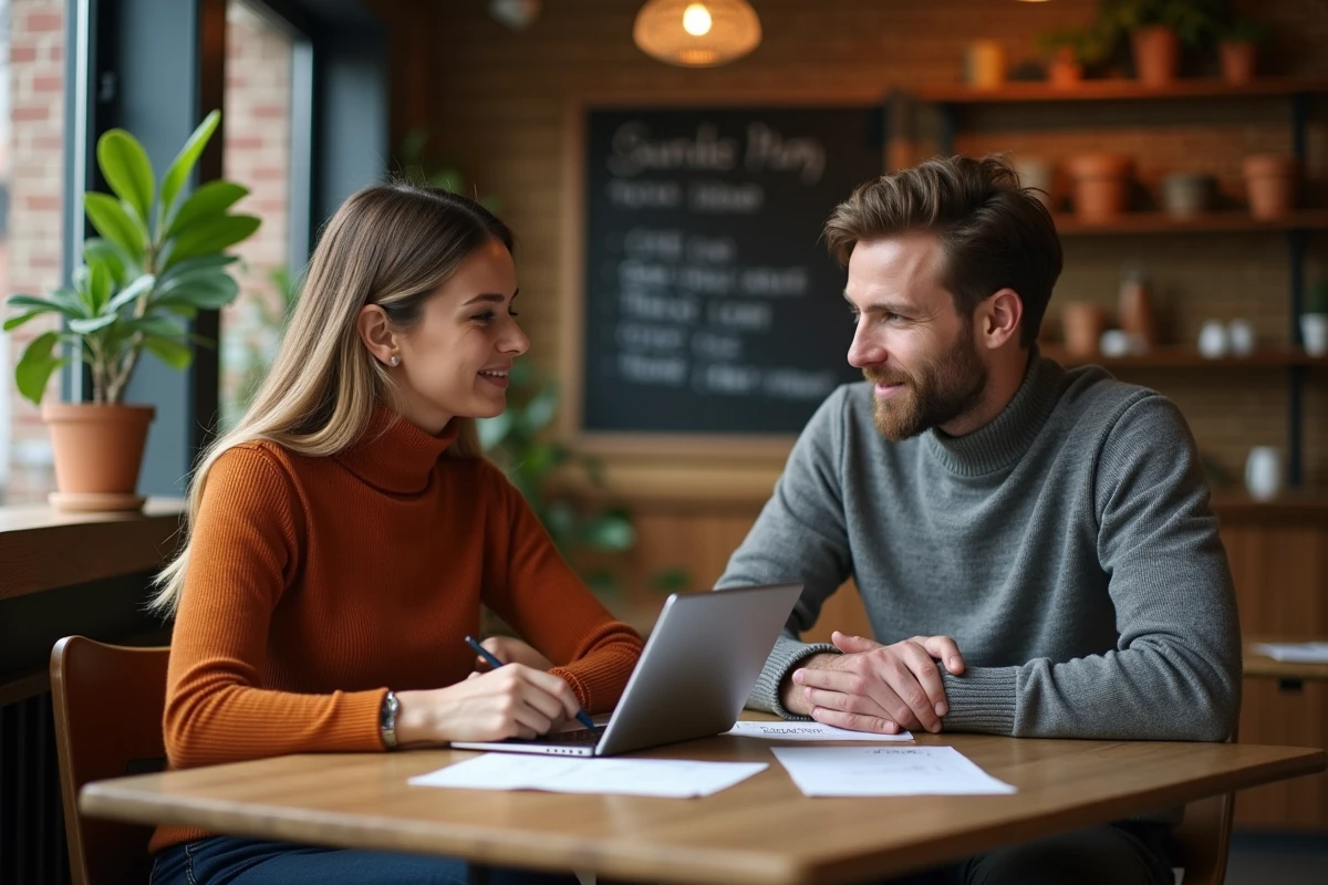 Deux jeunes entrepreneurs s'entraînant à pitcher ensemble dans un café indépendant avec des fiches et une tablette