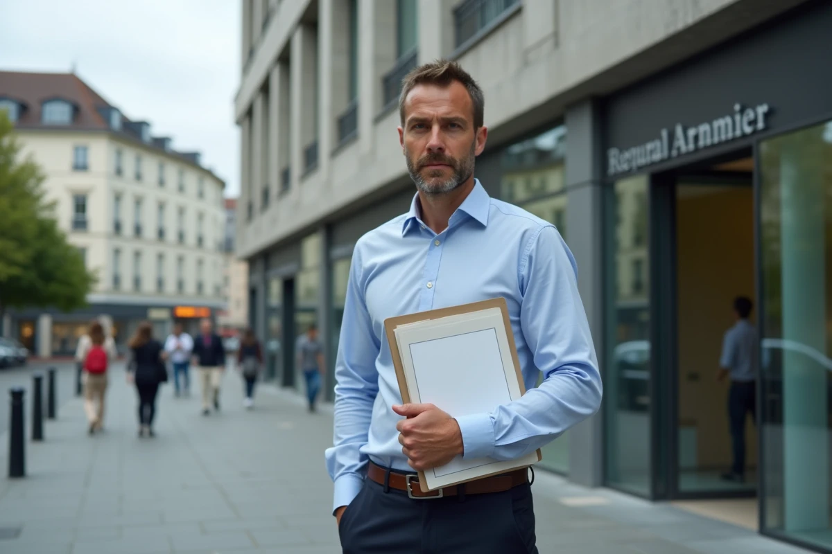 Entrepreneur français devant une chambre de commerce régionale tenant un dossier de demande d'aides à la création d'entreprise