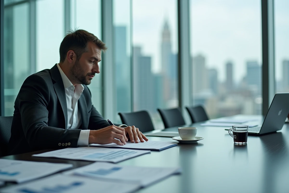 Entrepreneur masculin révisant les diapositives de son pitch dans une salle de réunion vitrée