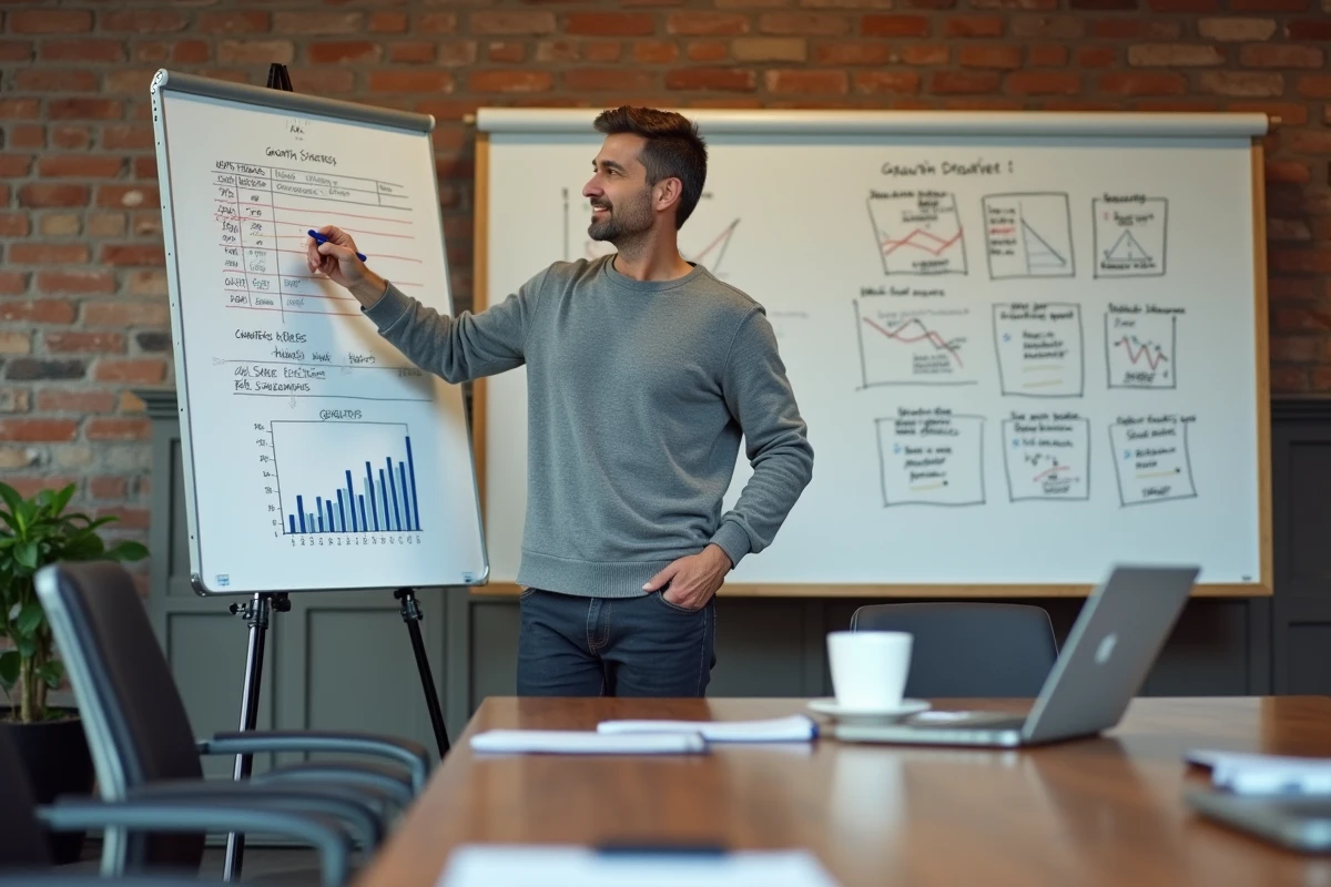Entrepreneur présentant une stratégie de croissance inspirée des conseils RobTheCoins sur un tableau blanc en salle de réunion