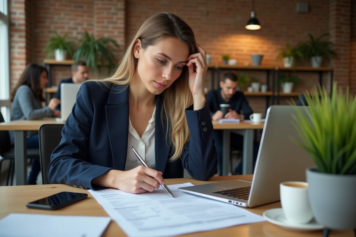 Jeune entrepreneuse française consultant un dossier d'aides régionales pour lancer son projet dans un espace de coworking moderne