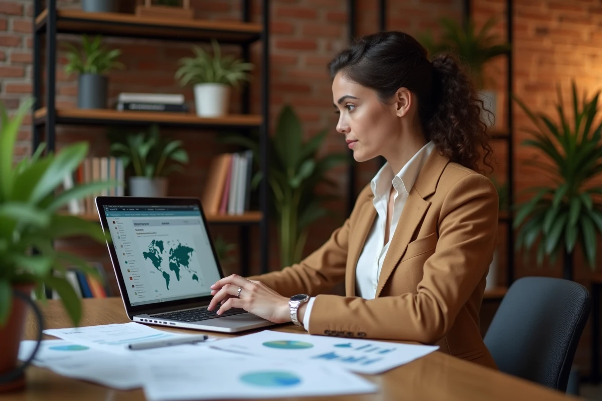Entrepreneuse B2B travaillant sur une stratégie assistée par IA dans un espace de coworking contemporain